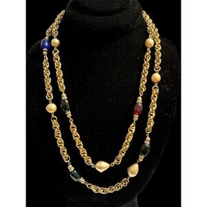 Vintage Givenchy Poured Glass Pate De Verre Gems & Pearls Sautoir Chain Necklace